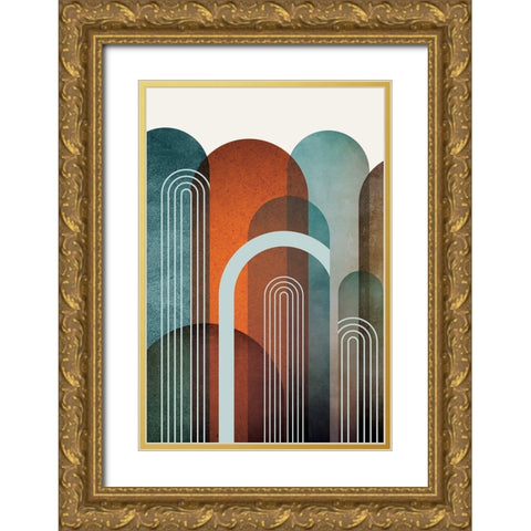 MidCentury Arches Teal Orange 1 Gold Ornate Wood Framed Art Print with Double Matting by Urban Epiphany
