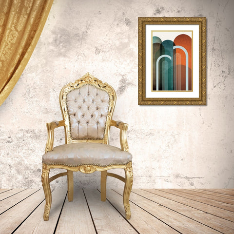 MidCentury Arches Teal Orange 2 Gold Ornate Wood Framed Art Print with Double Matting by Urban Epiphany