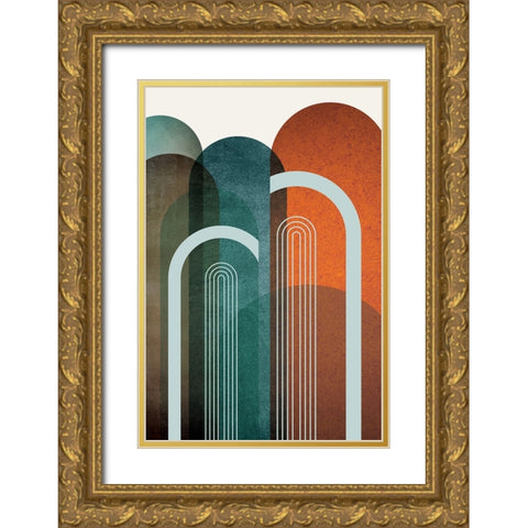 MidCentury Arches Teal Orange 2 Gold Ornate Wood Framed Art Print with Double Matting by Urban Epiphany