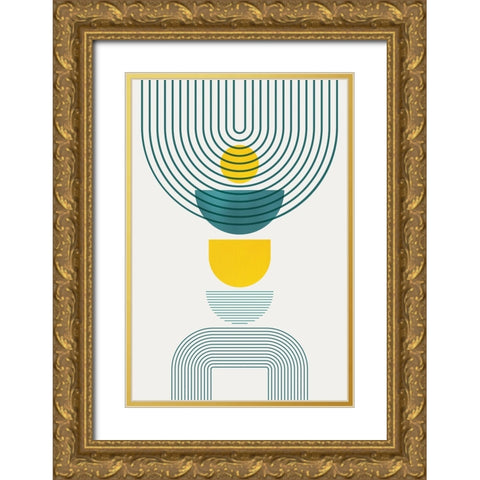 Mid Century Teal Yellow 1 Gold Ornate Wood Framed Art Print with Double Matting by Urban Epiphany