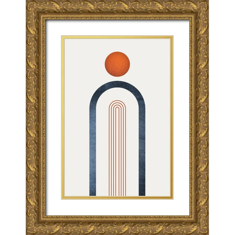 Minimalist Mid Century Orange Navy 1 Gold Ornate Wood Framed Art Print with Double Matting by Urban Epiphany
