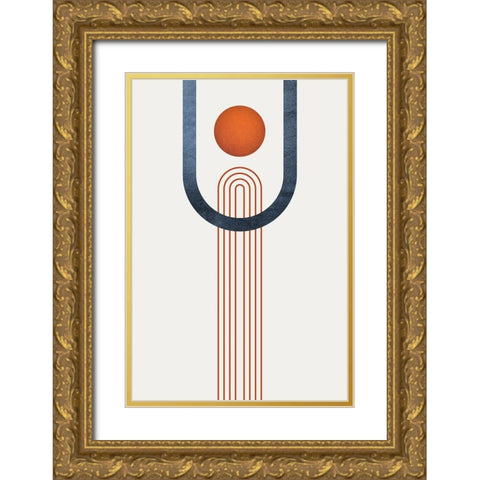 Minimalist Mid Century Orange Navy 3 Gold Ornate Wood Framed Art Print with Double Matting by Urban Epiphany