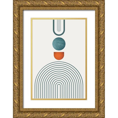 Minimalist Mid Century Orange Teal 3 Gold Ornate Wood Framed Art Print with Double Matting by Urban Epiphany