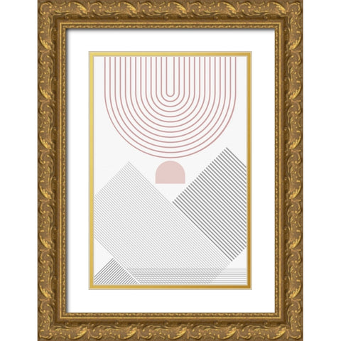 Modern Mid Century Abstract Pink Grey 3 Gold Ornate Wood Framed Art Print with Double Matting by Urban Epiphany