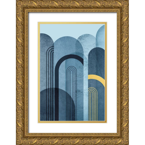 Mid Century Arches Navy Blue Gold Ornate Wood Framed Art Print with Double Matting by Urban Epiphany