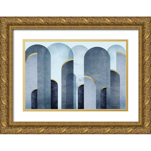 Mid Century Arches Blue Gold Gold Ornate Wood Framed Art Print with Double Matting by Urban Epiphany