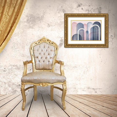 Mid Century Arches Blush Navy Gold Ornate Wood Framed Art Print with Double Matting by Urban Epiphany