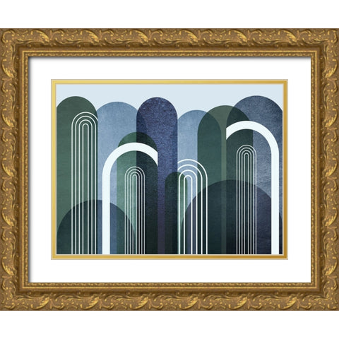 Mid Century Arches Navy Emerald Gold Ornate Wood Framed Art Print with Double Matting by Urban Epiphany