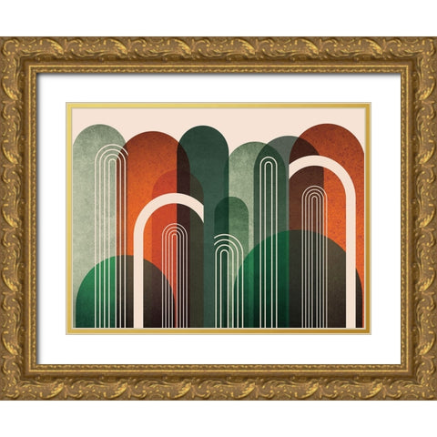 MidCentury Arches Orange Green Gold Ornate Wood Framed Art Print with Double Matting by Urban Epiphany