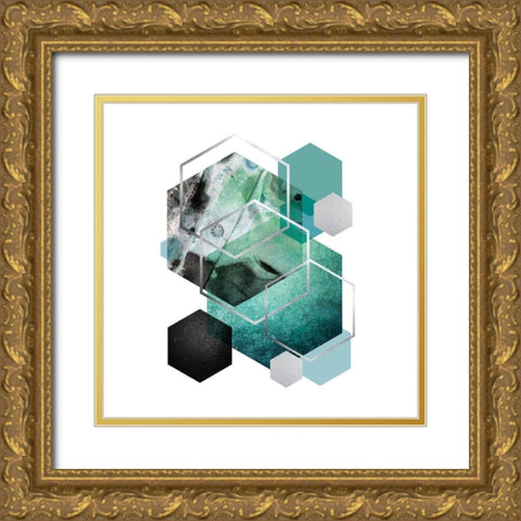 Geo Teal 2 Gold Ornate Wood Framed Art Print with Double Matting by Urban Epiphany
