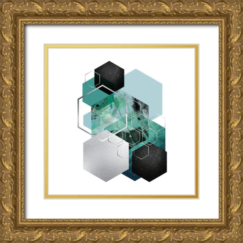 Geo Teal 3 Gold Ornate Wood Framed Art Print with Double Matting by Urban Epiphany