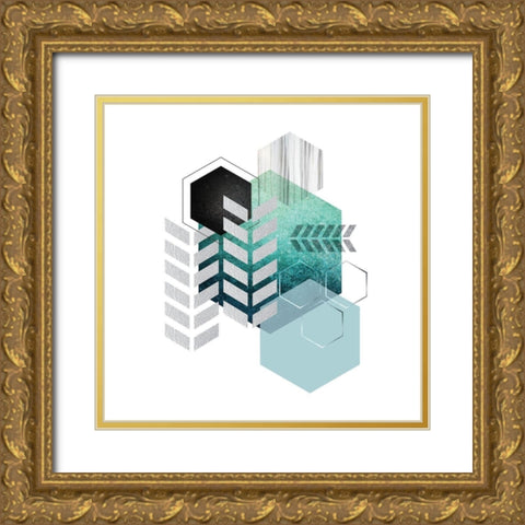 Geo Teal 4 Gold Ornate Wood Framed Art Print with Double Matting by Urban Epiphany