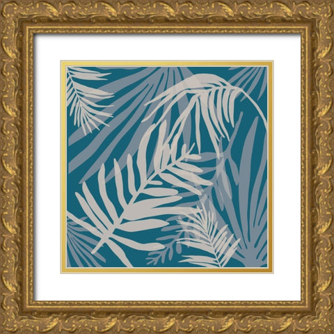 Teal and Beige Glam Leaves 4 Gold Ornate Wood Framed Art Print with Double Matting by Urban Epiphany