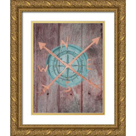 Teal Compass 1 Gold Ornate Wood Framed Art Print with Double Matting by Brown, Victoria