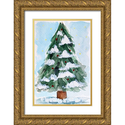 Christmas Tree Watercolor 2 Gold Ornate Wood Framed Art Print with Double Matting by Brown, Victoria