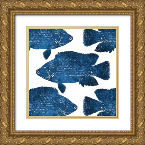 Navy Fish Collage Gold Ornate Wood Framed Art Print with Double Matting by Brown, Victoria
