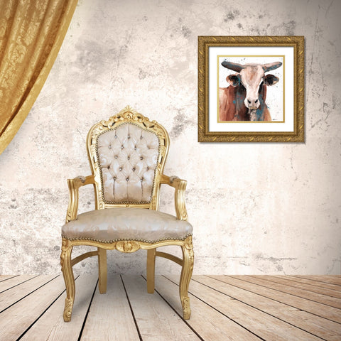 Splashed Blue Bull Gold Ornate Wood Framed Art Print with Double Matting by Brown, Victoria