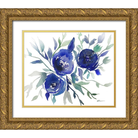 Blue Roses Gold Ornate Wood Framed Art Print with Double Matting by Brown, Victoria