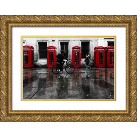 London Phone Booths People Gold Ornate Wood Framed Art Print with Double Matting by Brown,Victoria