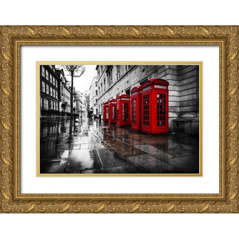 London Phone Booths Gold Ornate Wood Framed Art Print with Double Matting by Brown,Victoria