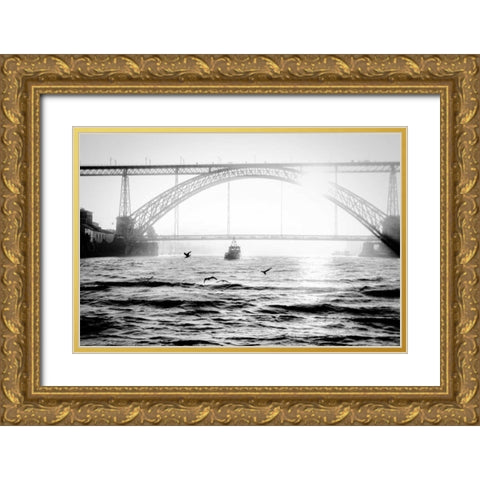 Portugal Porto BW Bridge Gold Ornate Wood Framed Art Print with Double Matting by Kostka, Vladimir