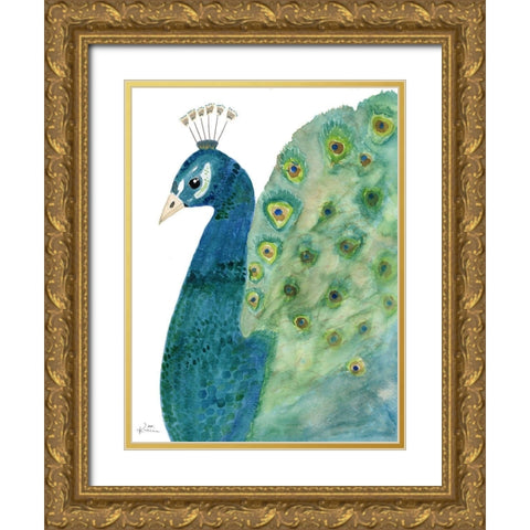 Peacock In Light Gold Ornate Wood Framed Art Print with Double Matting by Barski, Karen