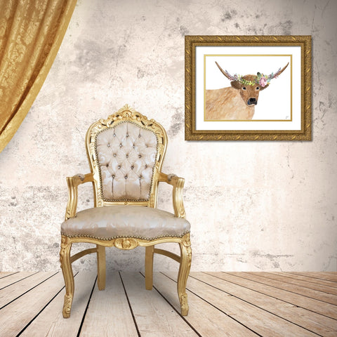 Steer Head Floral Gold Ornate Wood Framed Art Print with Double Matting by Barski, Karen