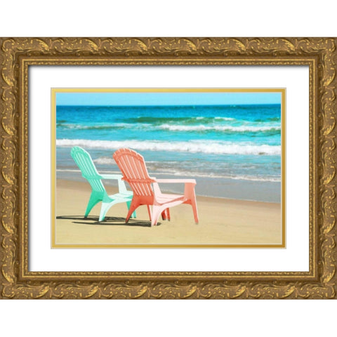 Adirondak Chairs on the beach Gold Ornate Wood Framed Art Print with Double Matting by Foschino, Suzanne