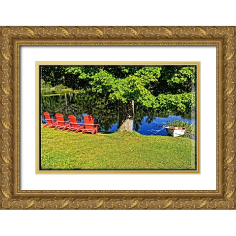 A Family Of Adirondaks And A Row Boat  Gold Ornate Wood Framed Art Print with Double Matting by Foschino, Suzanne