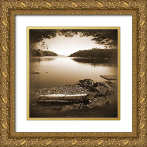 Canoe on Shore Sepia 1 Gold Ornate Wood Framed Art Print with Double Matting by Foschino, Suzanne