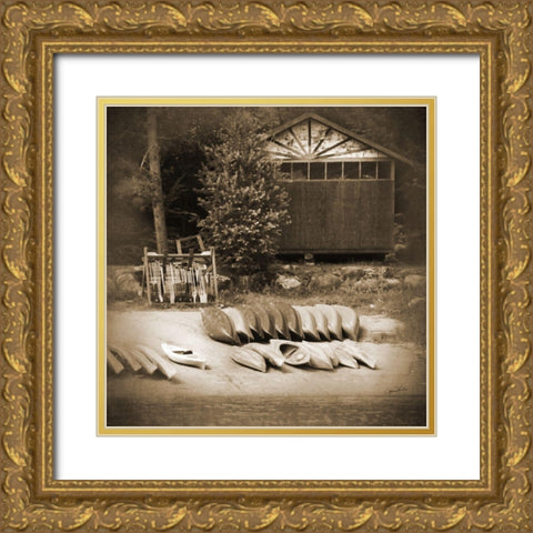 Sepia Lake Canoe House Gold Ornate Wood Framed Art Print with Double Matting by Foschino, Suzanne