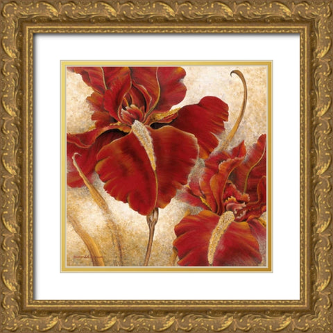 Red Iris Gold Ornate Wood Framed Art Print with Double Matting by Henson, Richard