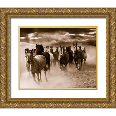 Running Horses Gold Ornate Wood Framed Art Print with Double Matting by Nagler, Monte