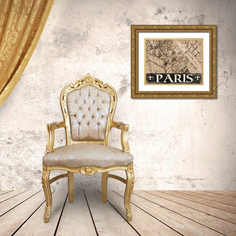 Paris Map Gold Ornate Wood Framed Art Print with Double Matting by Donovan, Kelly