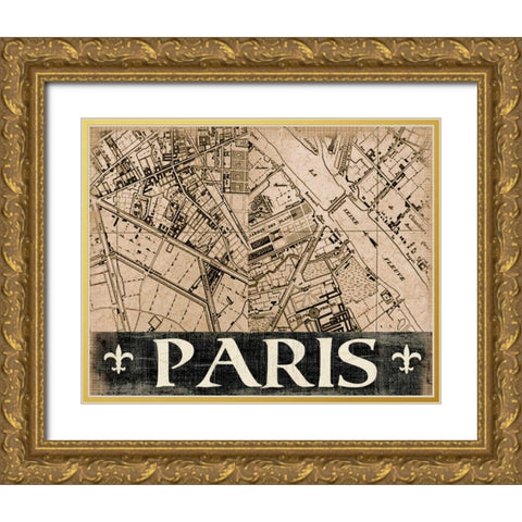Paris Map Gold Ornate Wood Framed Art Print with Double Matting by Donovan, Kelly