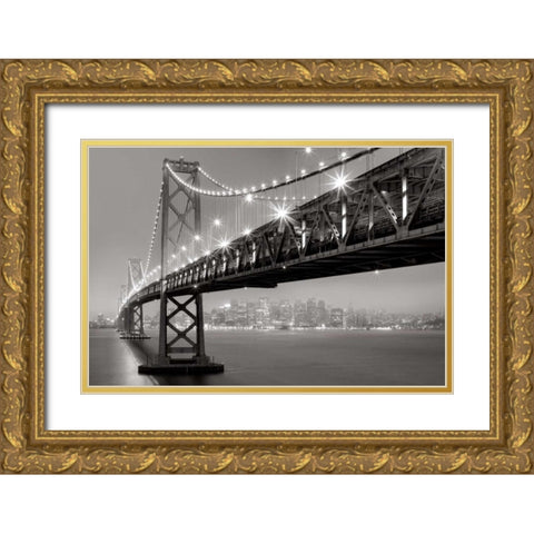 Bay Bridge at Night Gold Ornate Wood Framed Art Print with Double Matting by Reed, Aaron