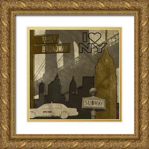 I Love NY In Gray Gold Ornate Wood Framed Art Print with Double Matting by Craven, Katrina