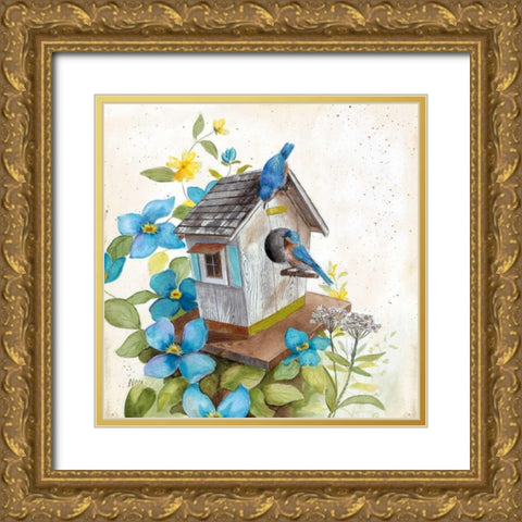 Bluebirds Gold Ornate Wood Framed Art Print with Double Matting by Nan