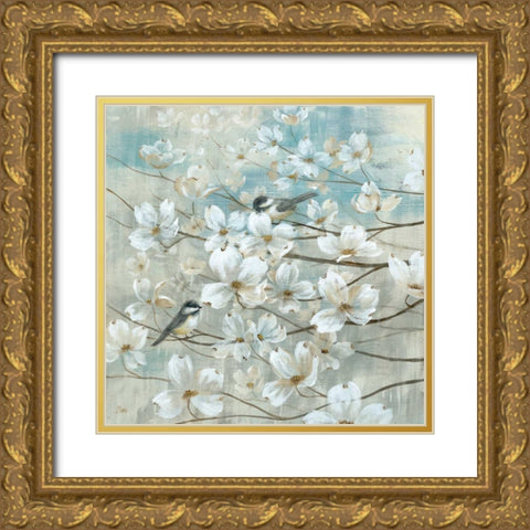 Chickadees and Dogwood Gold Ornate Wood Framed Art Print with Double Matting by Nan