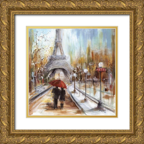 Romantic Paris Gold Ornate Wood Framed Art Print with Double Matting by Dunlap, Marilyn