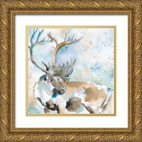Caribou On Blue Gold Ornate Wood Framed Art Print with Double Matting by Robinson, Carol