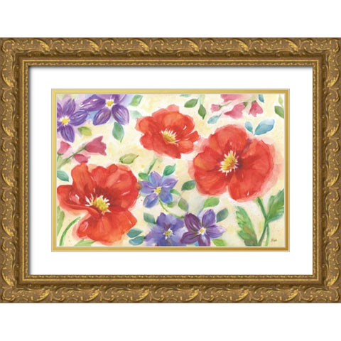 Summer Peonies, Red Gold Ornate Wood Framed Art Print with Double Matting by Nan