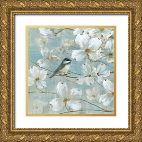 Chickadees and Dogwood Gold Ornate Wood Framed Art Print with Double Matting by Nan