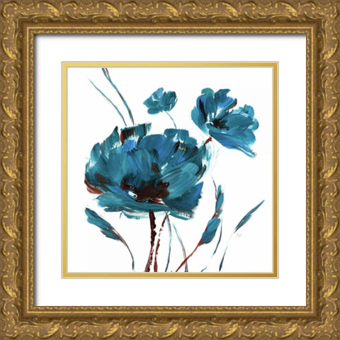 Blue Poppy Splash II Gold Ornate Wood Framed Art Print with Double Matting by Nan