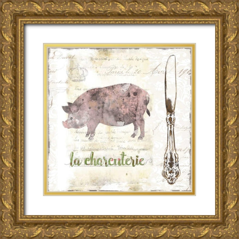 Golden Cuisine Pig Gold Ornate Wood Framed Art Print with Double Matting by Robinson, Carol