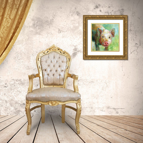 Colorful Quirky Pig Gold Ornate Wood Framed Art Print with Double Matting by Nan