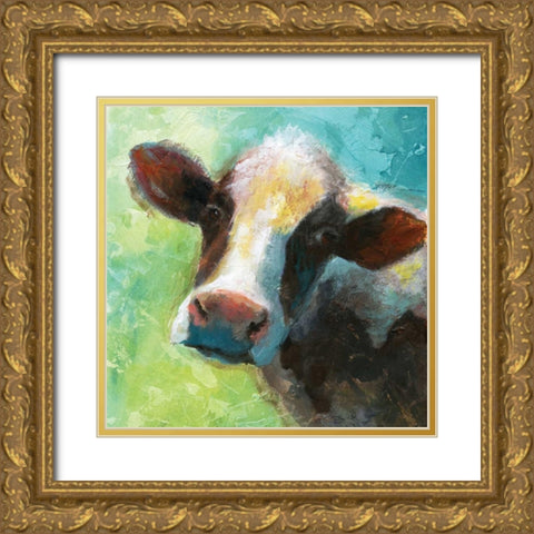 Colorful Quirky Cow Gold Ornate Wood Framed Art Print with Double Matting by Nan