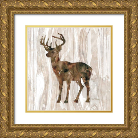 Pine Forest Deer Gold Ornate Wood Framed Art Print with Double Matting by Robinson, Carol