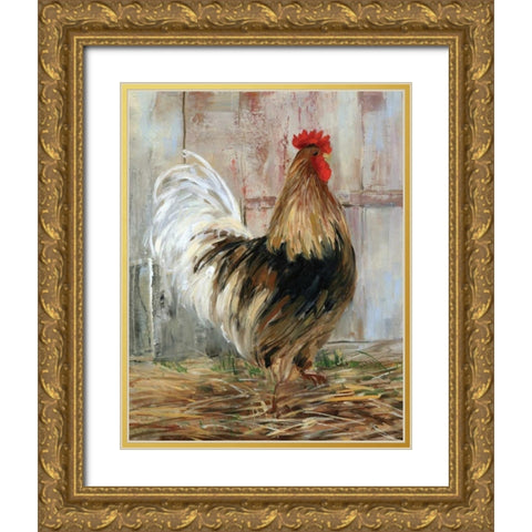 Farmhouse Rooster Gold Ornate Wood Framed Art Print with Double Matting by Swatland, Sally