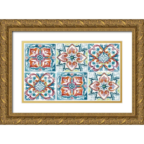 Caribbean Boho Tile Gold Ornate Wood Framed Art Print with Double Matting by Nan